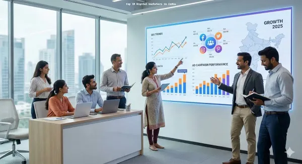 A team of top 10 digital marketers in India giving a presentation with digital marketing charts in a modern office. 