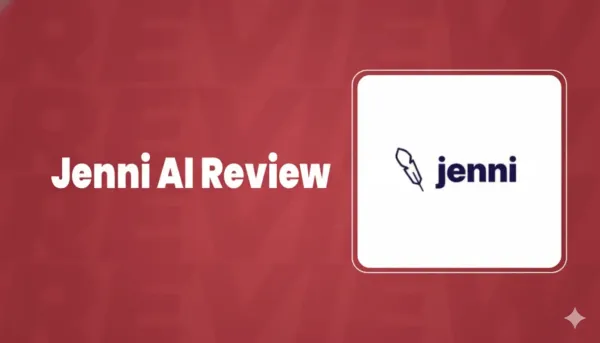 Jenni AI Review title with Jenni logo on red background.