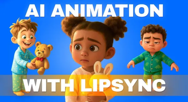 Three animated cartoon kids with expressive faces wearing pajamas, set against a bright blue background. Text reads "AI ANIMATION WITH LIPSYNC."