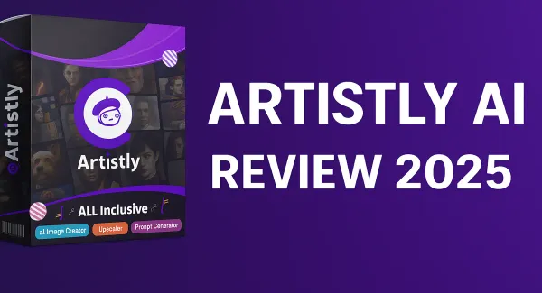 A promotional graphic with a purple background that reads "Artistly AI Review 2025" next to the Artistly product box.