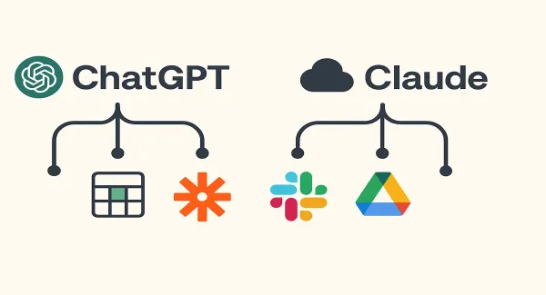 Minimalist image showing ChatGPT and Claude logos connected to tools like Spreadsheet, Zapier, Slack, and Google Drive.