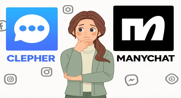 A thoughtful woman stands between the Clepher and ManyChat logos, surrounded by social media icons, symbolizing a comparison between chatbot platforms.