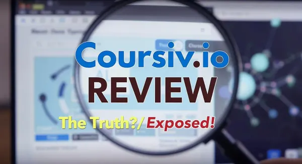  Coursiv.io Review - The Truth?/Exposed! text overlaid on a magnifying glass focusing on a blurred website.