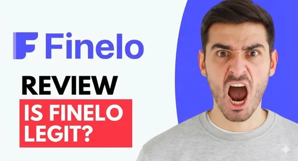 Finelo review banner with the Finelo logo and a man reacting with a surprised expression.