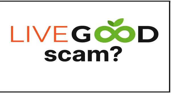 The LiveGood logo with the word "scam?" written in black text below it.
