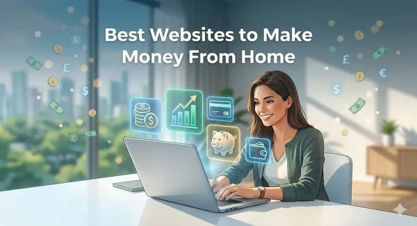 Illustration of a woman working on a laptop at home with icons representing online income and financial growth.
